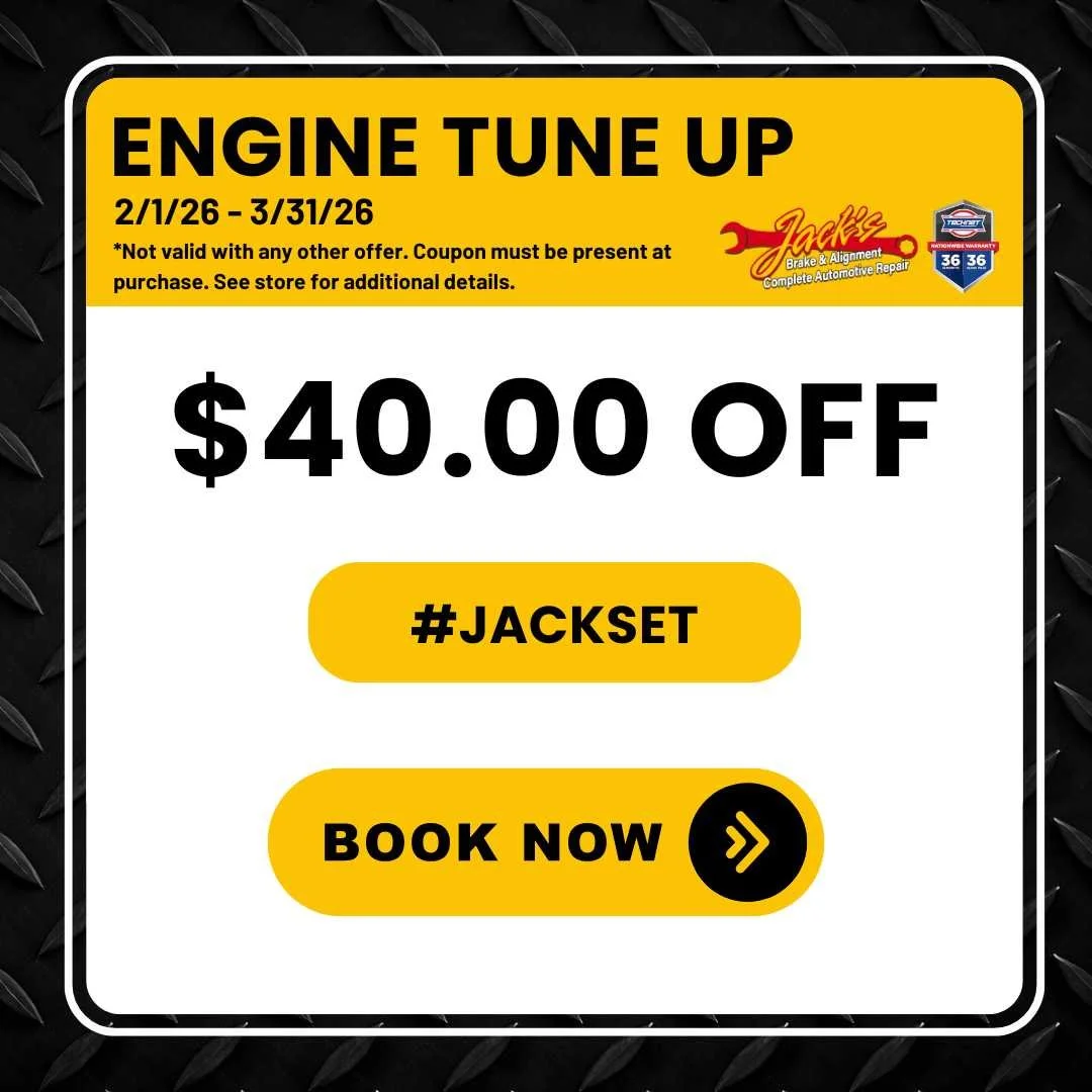 Jack’s Brake & Alignment engine tune up special offering forty dollars off service, valid February through March twenty twenty six at Davenport Iowa locations