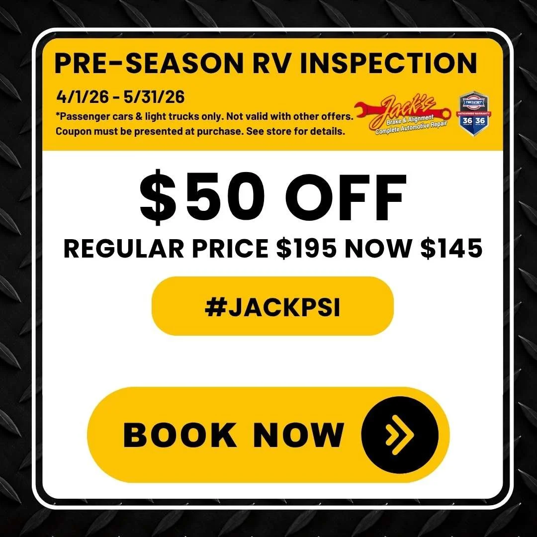 Pre-season RV inspection special with 50 dollars off at Jack’s Brake & Alignment in Davenport Iowa for spring vehicle readiness