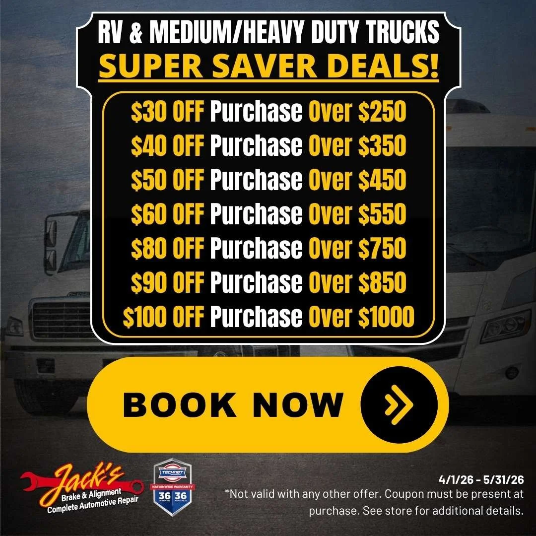 RV and medium to heavy duty truck service discount tiers at Jack’s Brake & Alignment in Davenport Iowa with savings based on total purchase amount