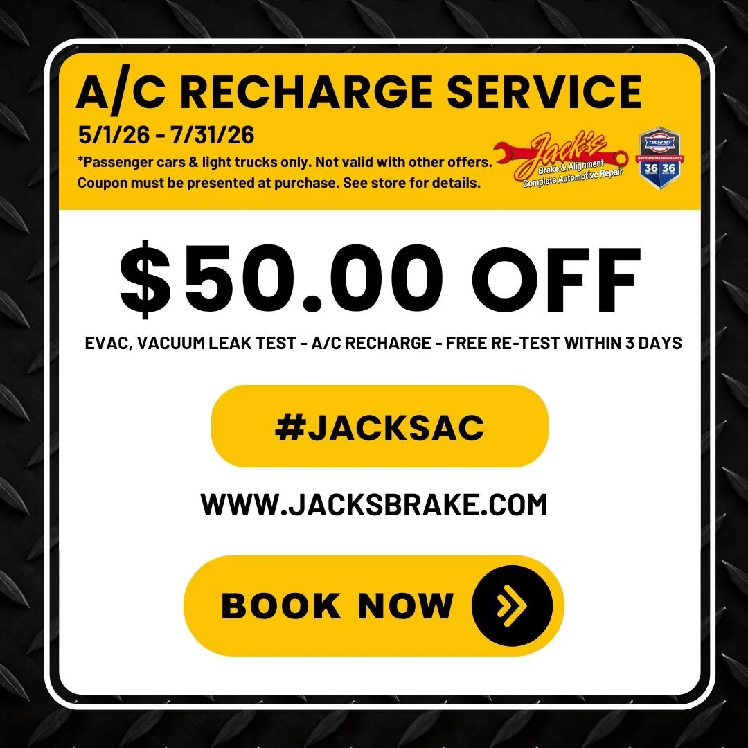 A/C recharge service coupon at Jack's Brake and Alignment in Davenport Iowa including leak test and recharge service