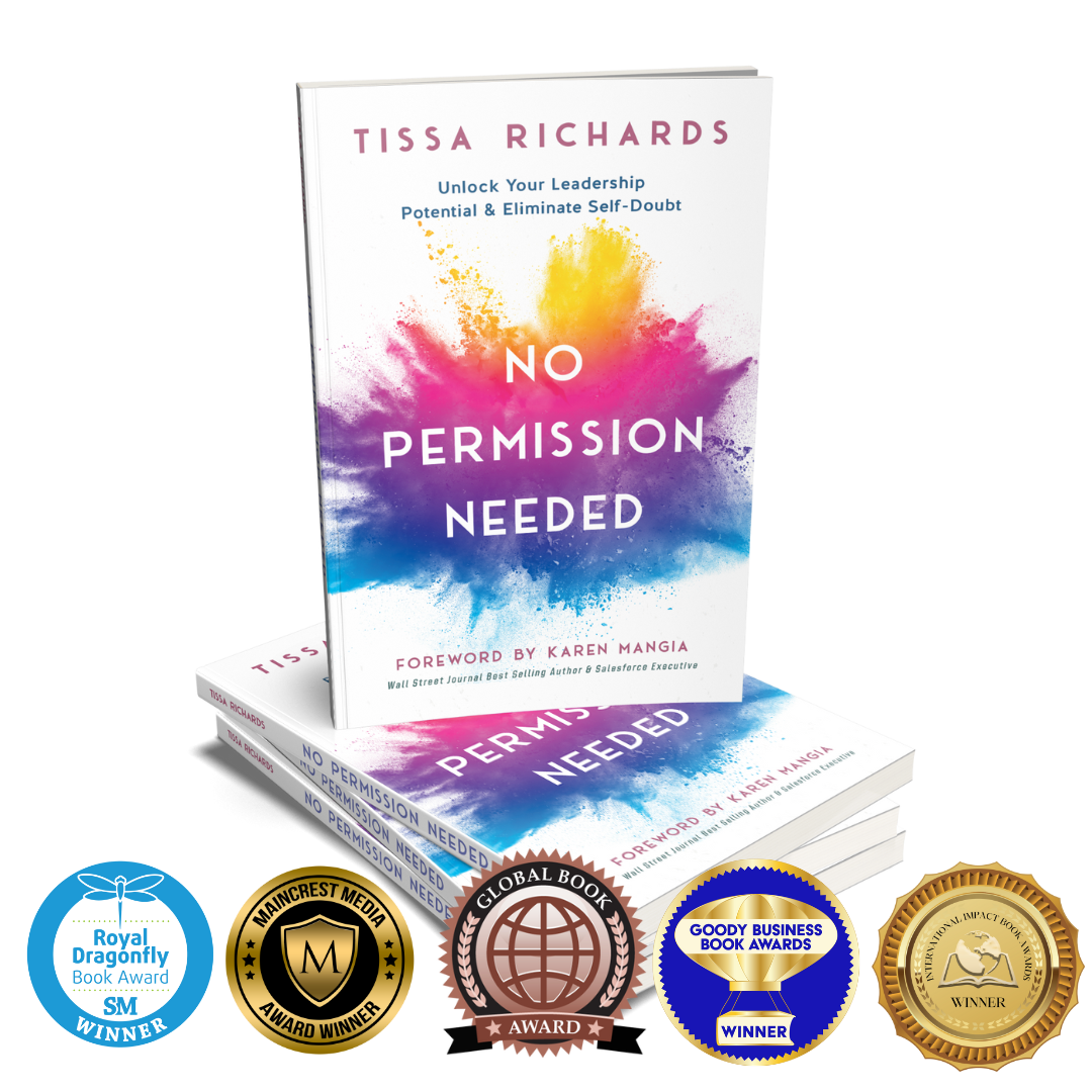 Book titled 'No Permission Needed' by Tissa Richards with colorful cloud splash on the cover, accompanied by award badges at the bottom.
