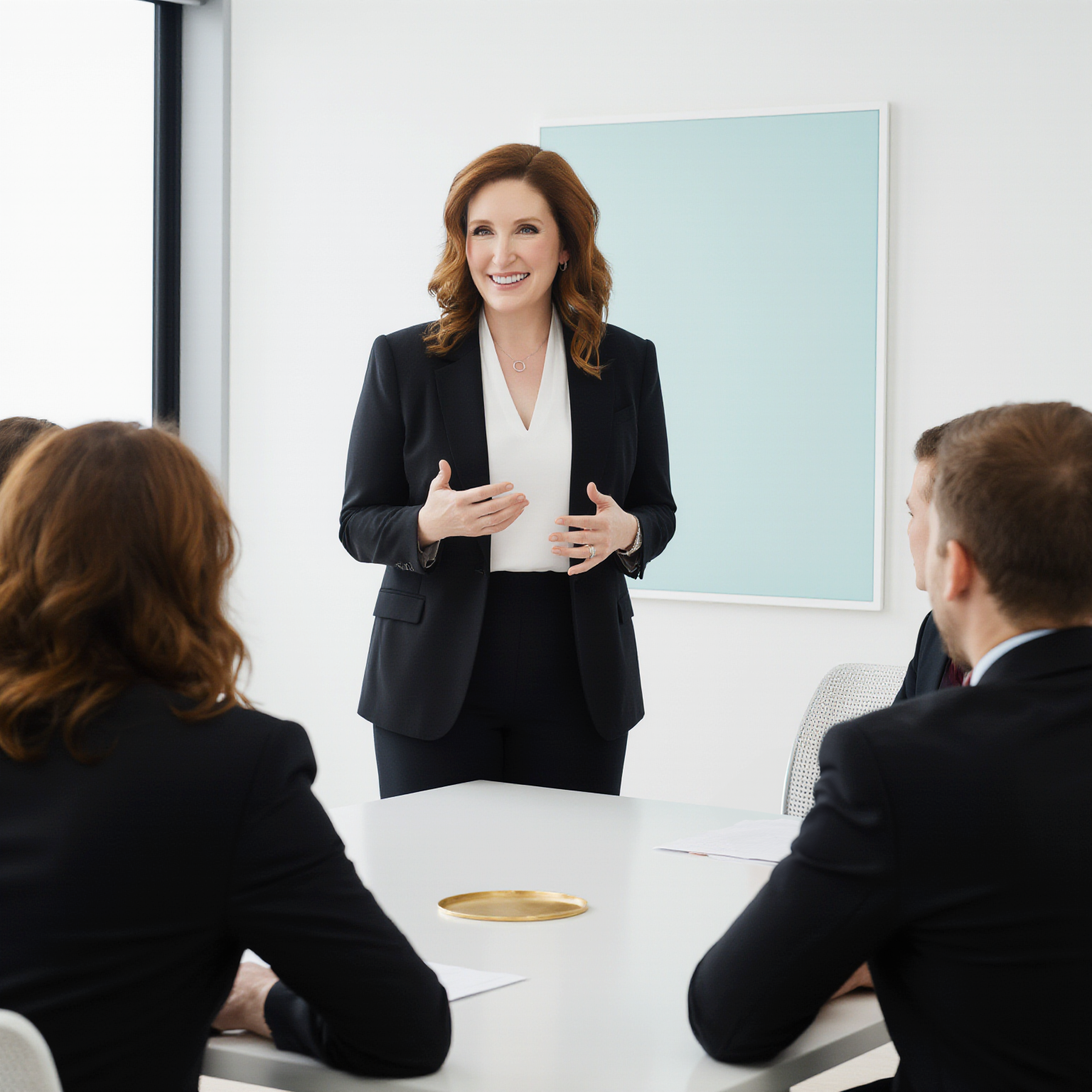 Tissa Richards wearing a black blazer and white blouse, smiling and speaking to three seated people in a conference room with white walls and a large window.