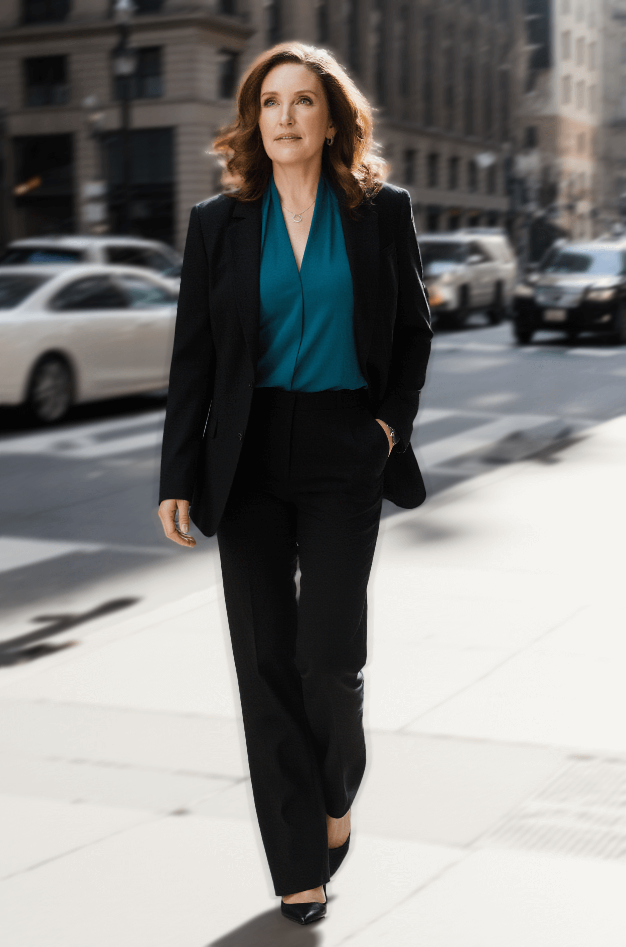 Tissa Richards in a black suit with a turquoise blouse walking on a city sidewalk with cars in the background.