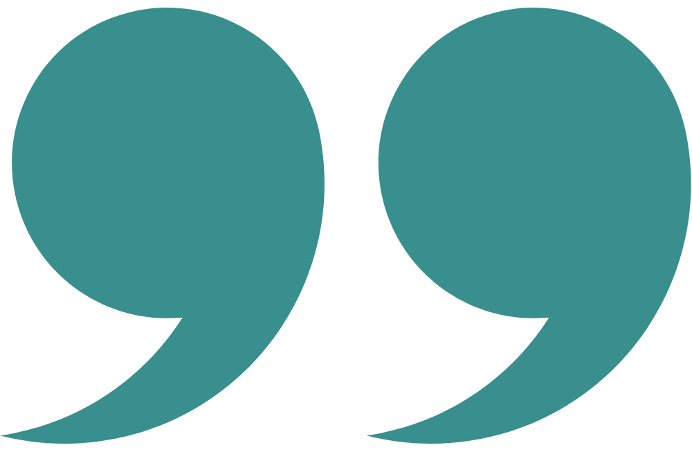 A large, teal quotation mark symbol on a black background.