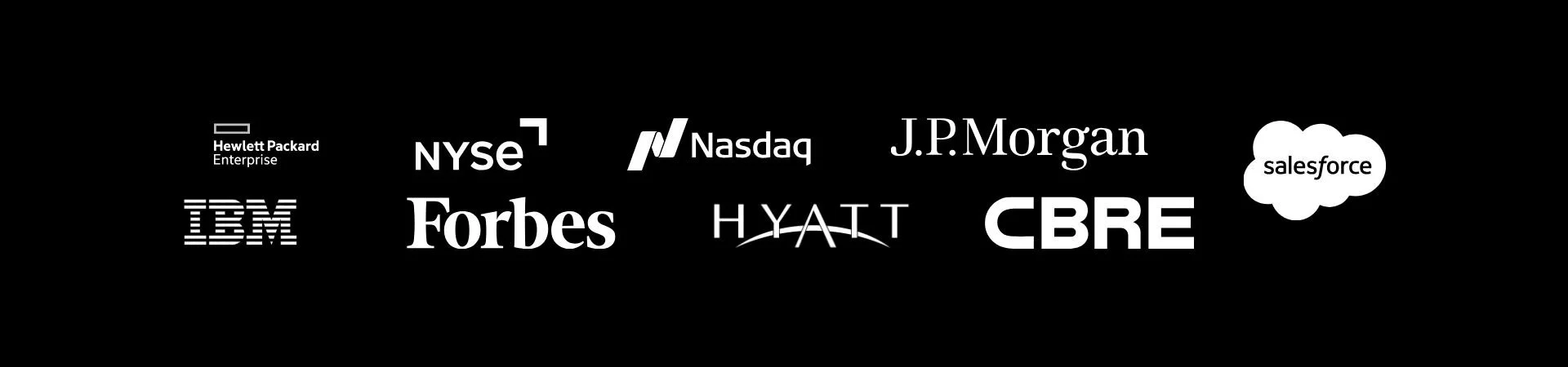 Logos of major companies including Hewlett Packard Enterprise, NYSE, Nasdaq, J.P. Morgan, IBM, Forbes, Hyatt, CBRE, Salesforce, all on a black background.
