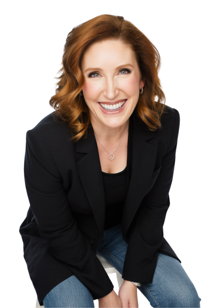 Tissa Richards smiling, wearing a black blazer and jeans, sitting down.