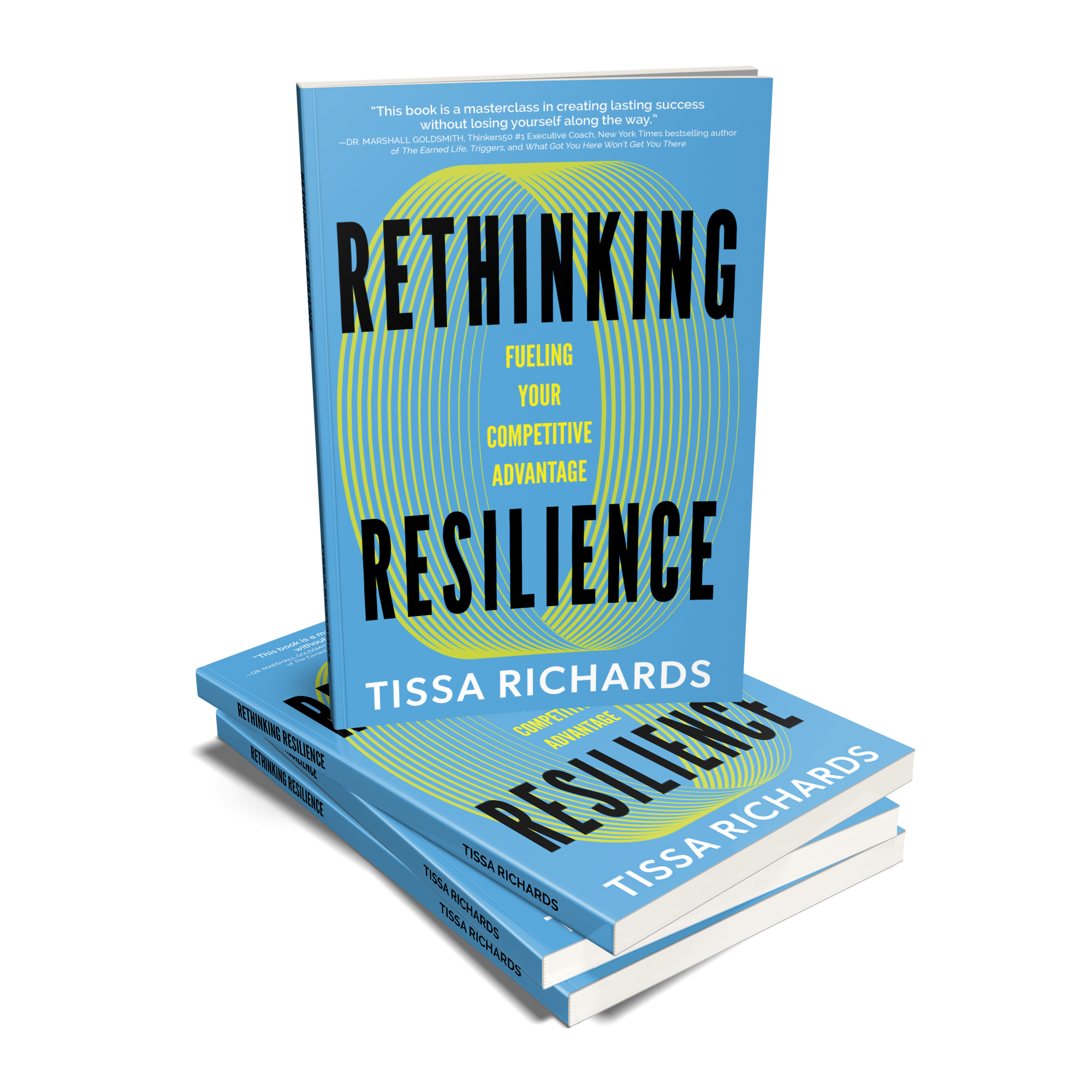 Three copies of a book titled 'Rethinking Resilience' stacked, with one standing upright showing the front cover and two lying flat showing the spines. The cover is blue with a green and yellow circular design and black and white text.