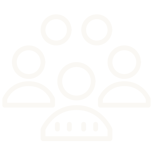 Icon of a group of five people with one person in front and four behind, representing teamwork or group communication.