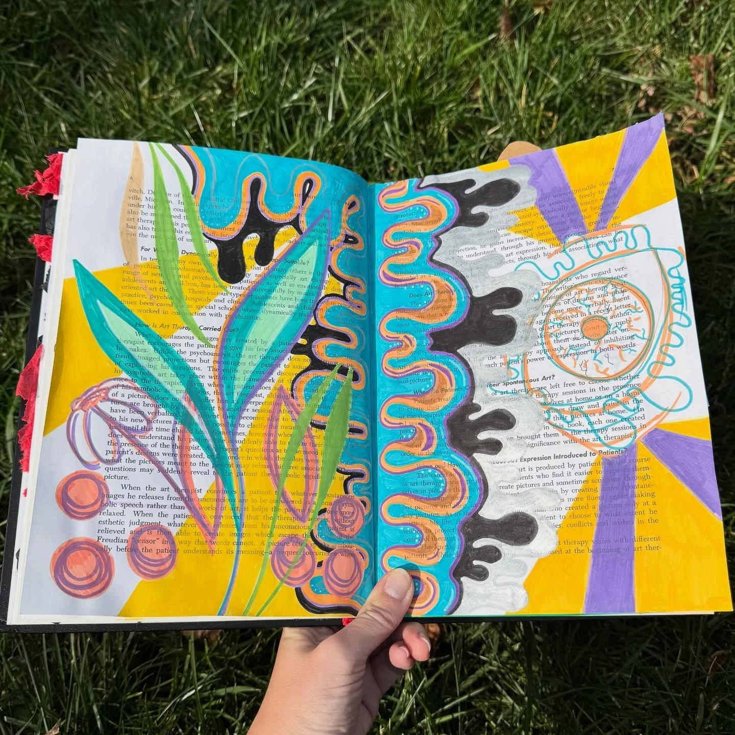 It&rsquo;s funky. It&rsquo;s weird. I love it. 😍

New altered book entry with paint markers. Blobs are showing up again and this big eye. 

Join me tomorrow at @wonderlandsea_manasquan to create some weirdness (or not weird, up to you 😆) 
I will ha