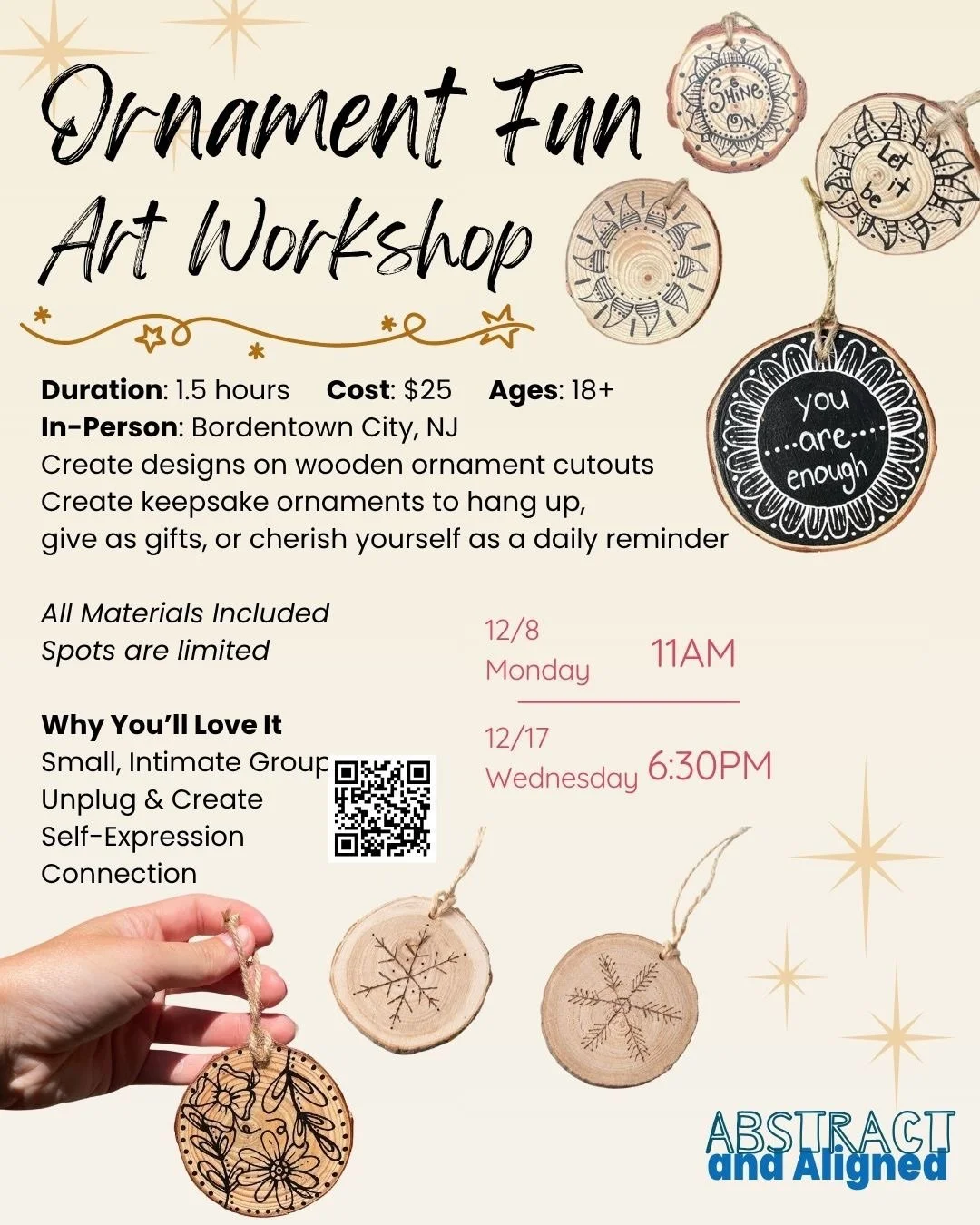 WORKSHOP ALERT FOR DECEMBER ❤️

I&rsquo;m excited to share several in-person art workshops happening this December in Bordentown City, NJ! 
Each session is 1.5 hours, all materials are included, and you&rsquo;ll be part of a small, creative, and welc