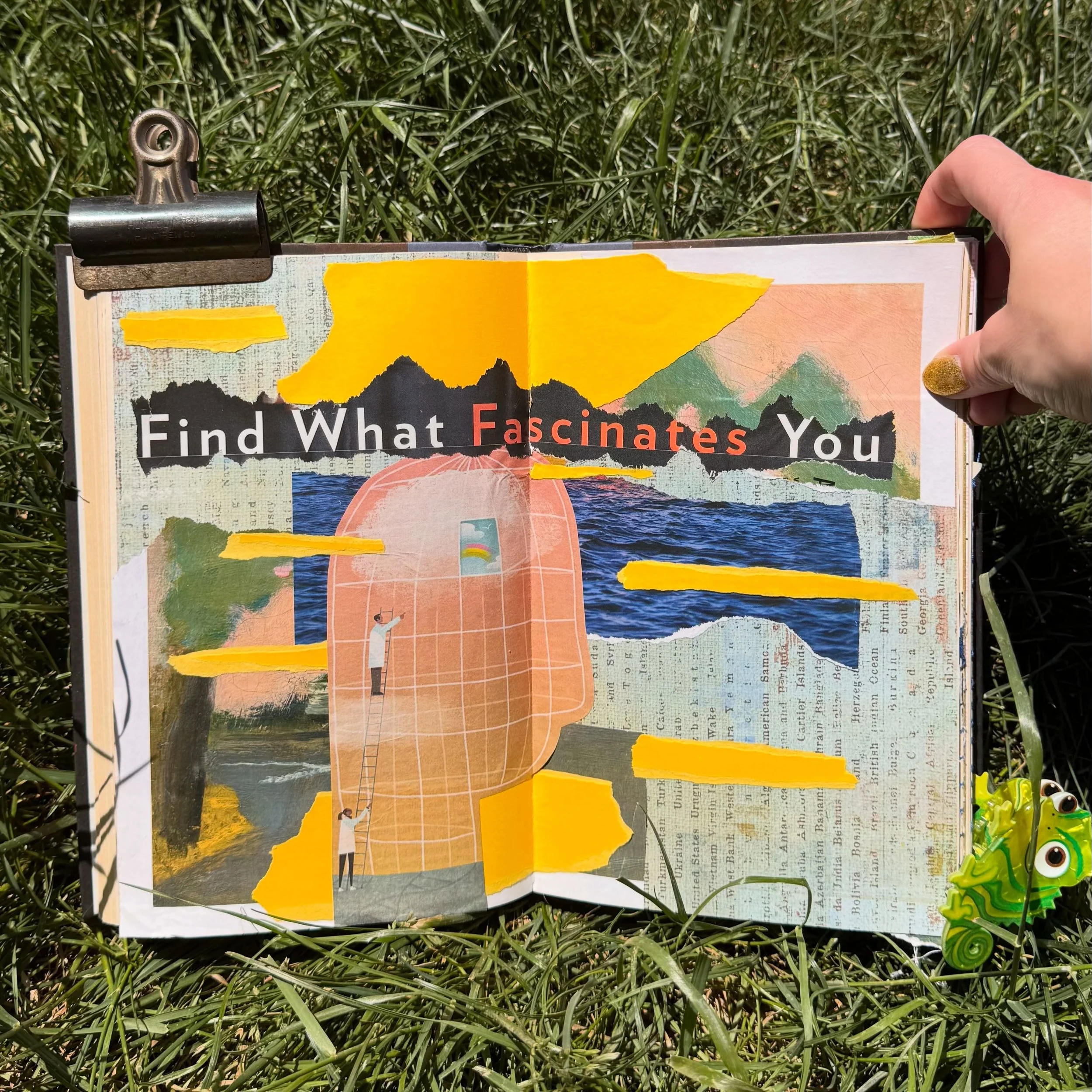 Find What Fascinates You - collage in my altered book - magazine clippings &amp; paper

Fascination is a strong feeling of interest, curiosity, or attraction. I immediately was drawn to these magazine clippings so I guess it&rsquo;s safe to say I was