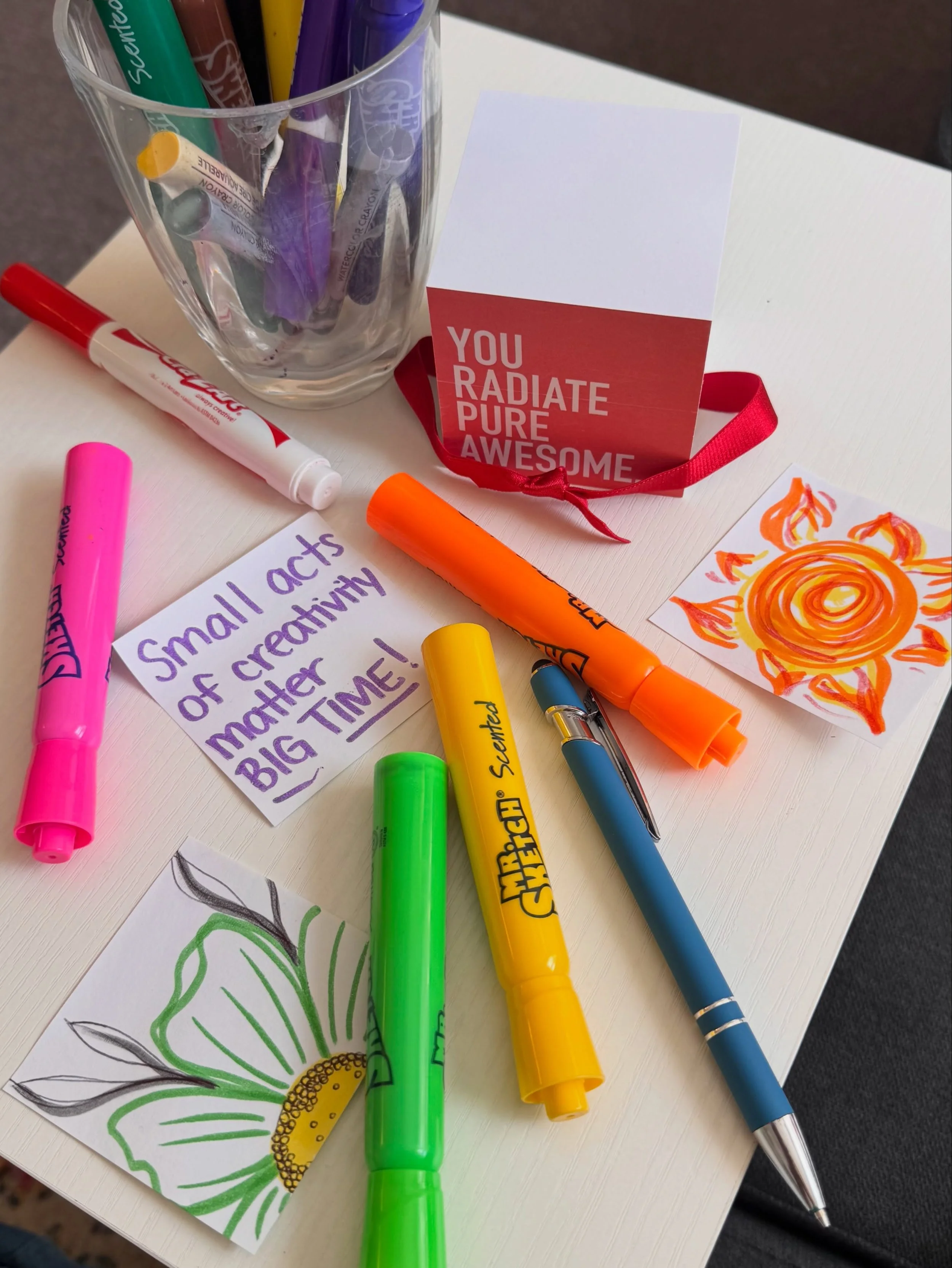 Make it Monday 🎨💛

Engaging in creative actions does not need to be big or a masterpiece. 

Simple, creative acts can look like a quick sketch in the margin of your notes, a doodle on a post-it, or a little affirmation that you wrote and hung up on