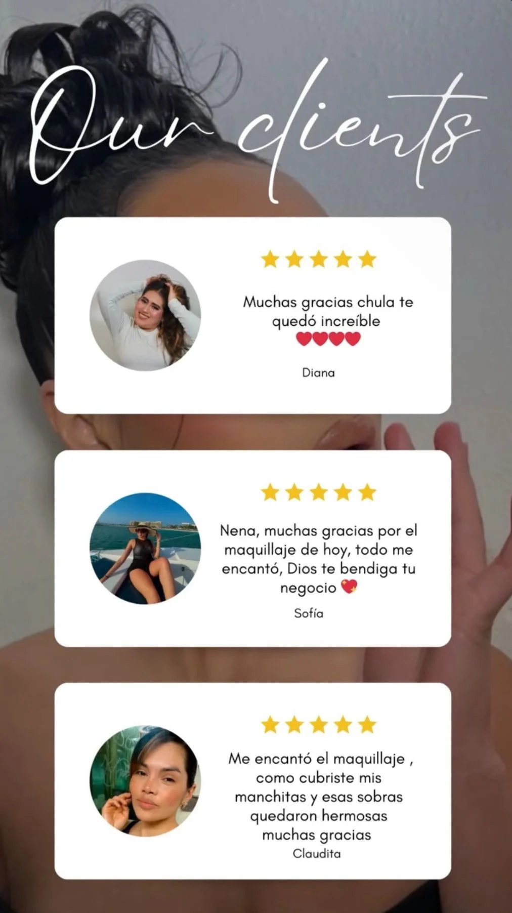 Customer reviews with star ratings and photos of women, thanking a makeup artist for their service.