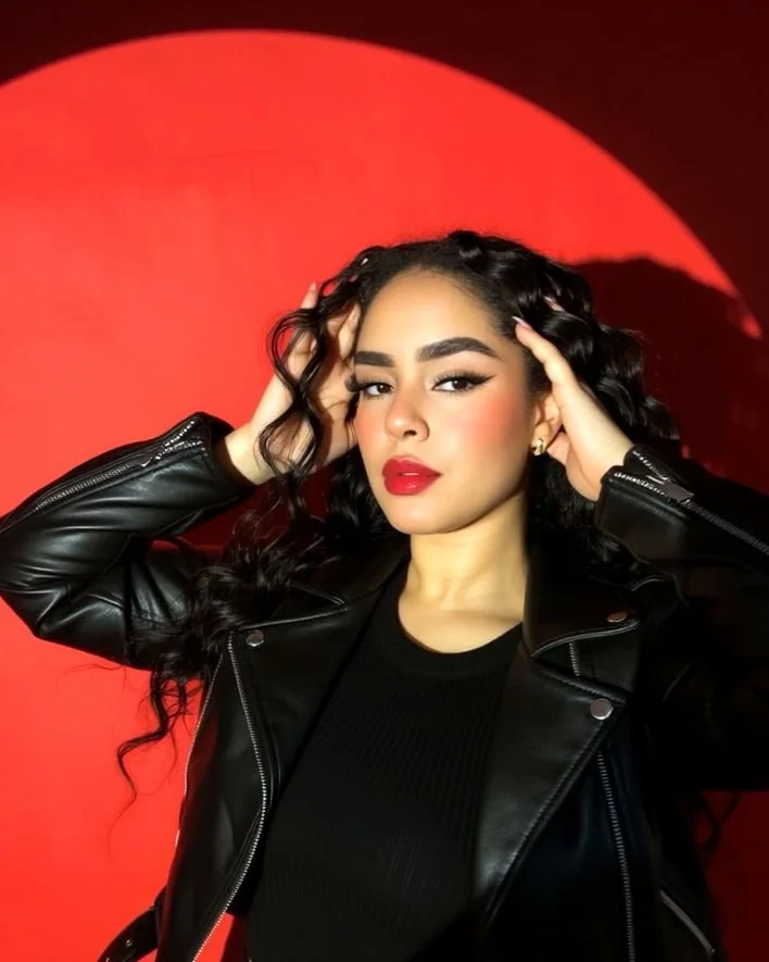 A young woman with curly dark hair wearing a black leather jacket and red lipstick posing against a red background.