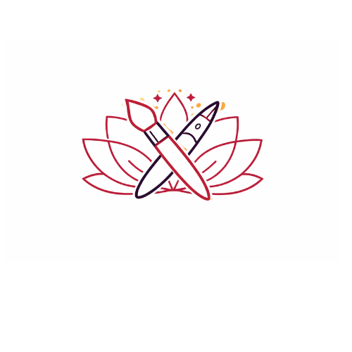 A logo featuring a makeup brush and lipstick crossed over a lotus flower design.
