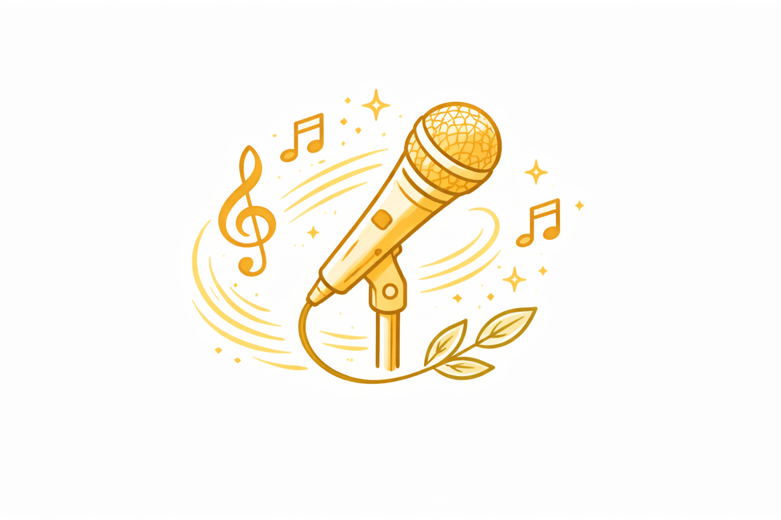 Golden microphone surrounded by musical notes and decorative sparkles, with a couple of leaves at the base.