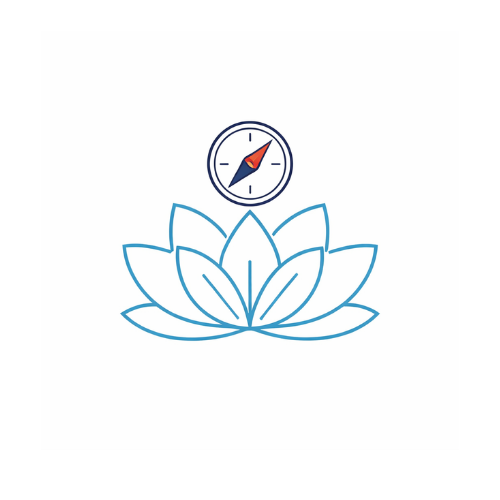 A stylized blue lotus flower with a compass above it on a white background.