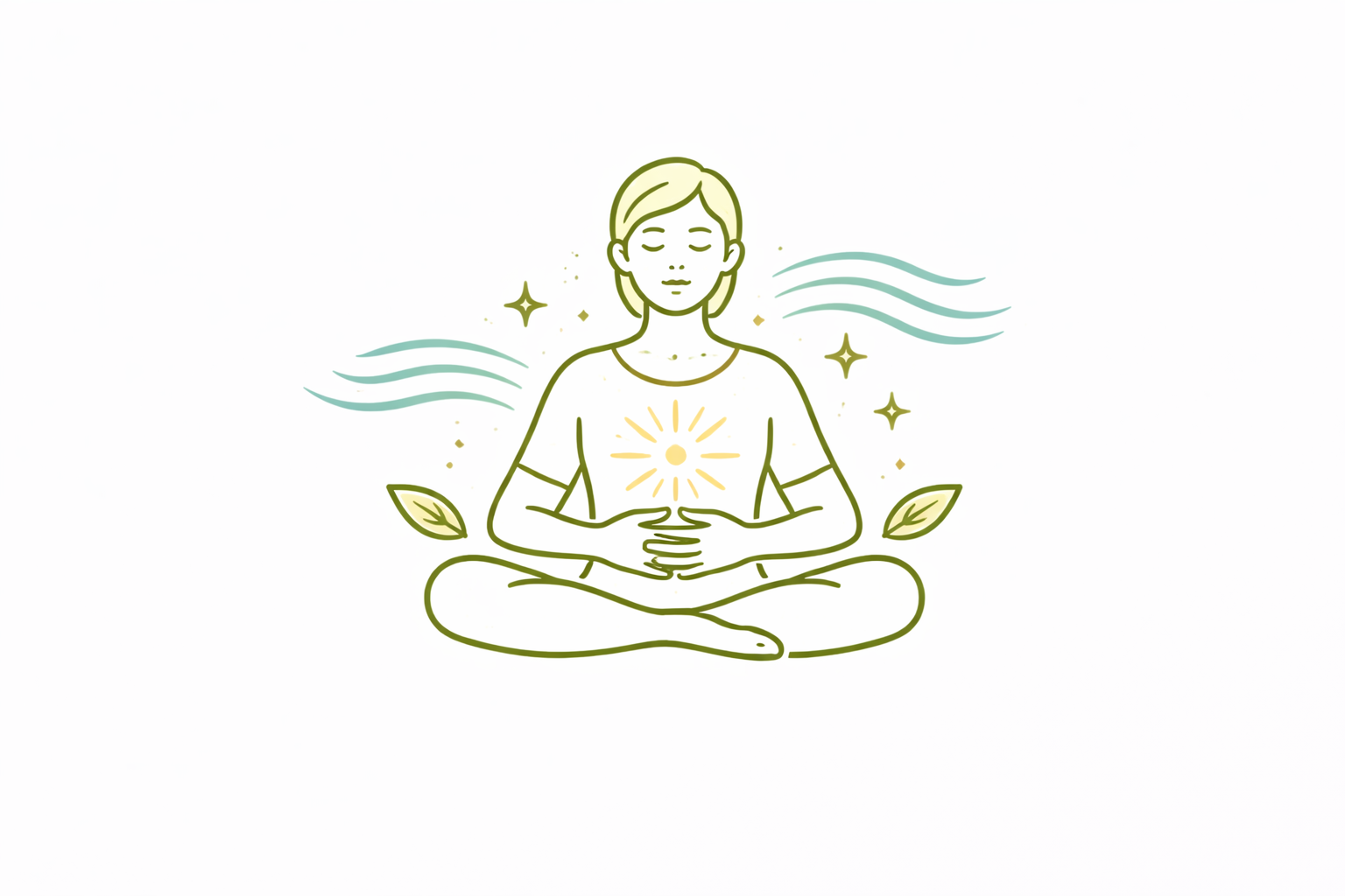 Line drawing of a woman sitting in a meditative pose, with a glowing sun on her chest, surrounded by leaves, stars, and flowing lines, suggesting calm, balance, and inner peace.