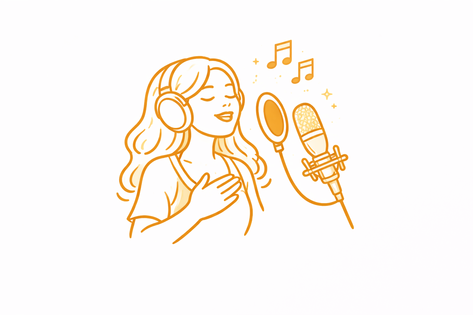 Line art illustration of a woman singing into a microphone with headphones, with musical notes around her.