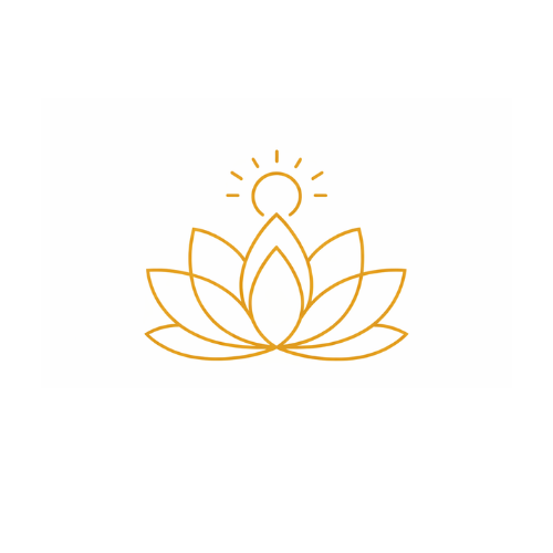 Minimalist line drawing of a lotus flower with a sun above it, in gold color.