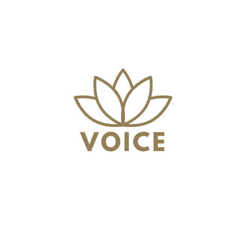 A black background with a beige lotus flower logo and the word 'VOICE' beneath it.