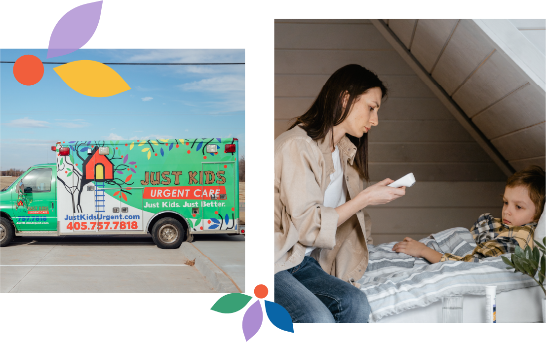 Left side shows a colorful mobile medical clinic van labeled "Just Kids Urgent Care" with contact number, parked outdoors with a partly cloudy sky. Right side shows a young woman sitting by a child's bed, checking her phone indoors, with the child lying in bed.