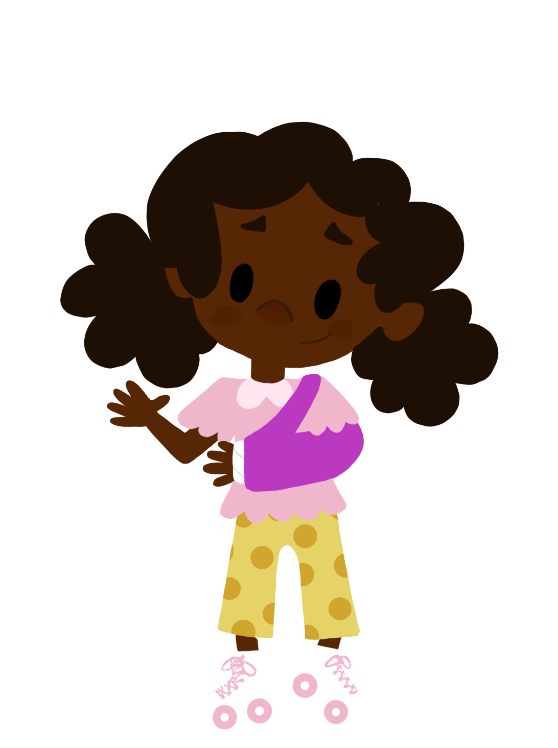 A cartoon girl with dark skin and curly brown hair wearing pink and purple top, yellow and brown polka-dot pants, and pink shoes with polka dots, standing with one hand on her hip and waving.
