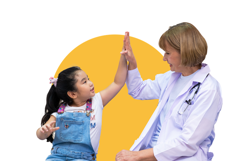 A young girl and a female doctor high-fiving, with a colorful background.