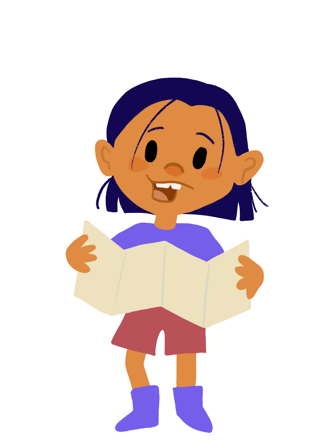Cartoon girl with dark hair, big eyes, and a toothy smile reading a map, wearing a purple shirt, pink shorts, and purple boots.