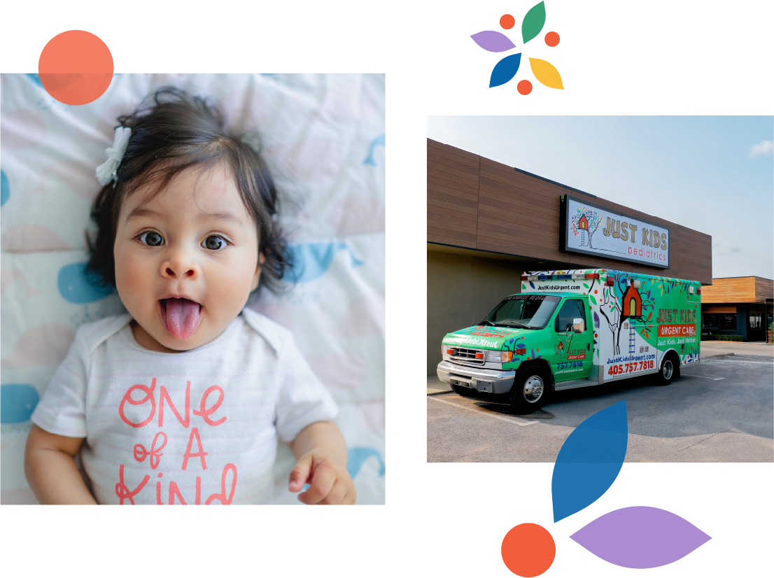 A baby girl with dark hair and big eyes sticking out her tongue, lying on a colorful blanket, and a pediatric urgent care clinic with a decorated van parked in front.