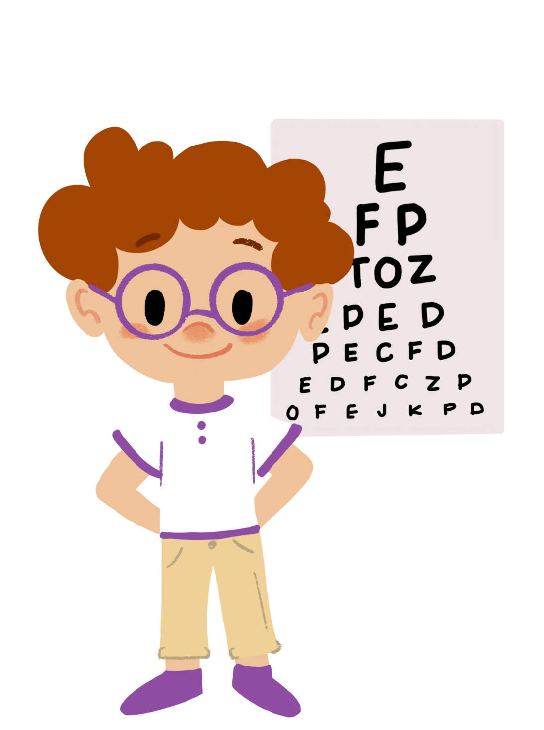 A cartoon boy with brown curly hair, purple glasses, a white shirt with purple trim, beige pants, and purple shoes standing next to an eye chart.