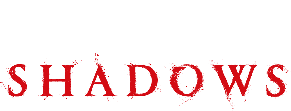 Logotipo del videojuego Assassin's Creed Shadows con letras en negro, blanco y rojo y fondo negro.