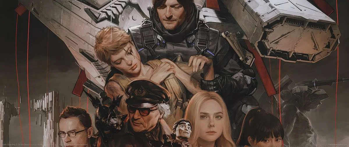 Grupo de personajes en estilo post-apocalíptico con fondo de ciudad destruida