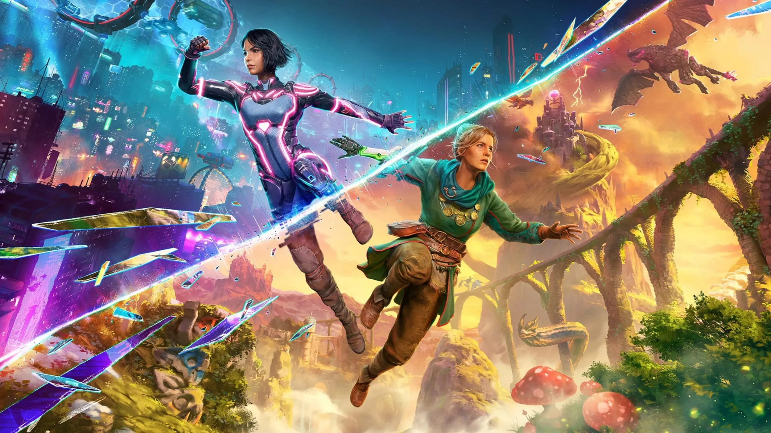 Imagen de ciencia ficción con una ciudad futurista y un paisaje mágico, con dos personajes en el centro, uno con vestimenta tecnológica y otro con ropa medieval, en una escena de acción y fantasía.