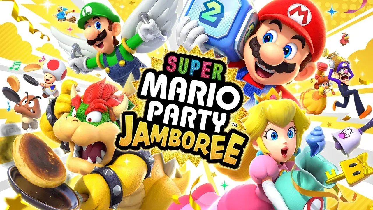 Imagen del logo del videojuego Super Mario Party Jamboree, con personajes como Mario, Bowser, Princesa Peach, Luigi, Toad y otros personajes de Mario en un fondo colorido y festivo.