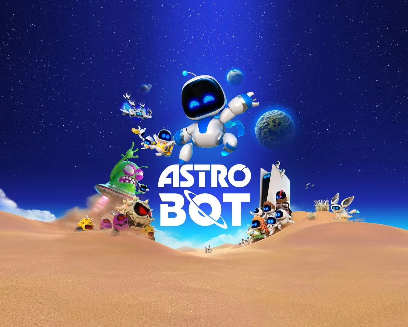 Personajes de robots y criaturas en un paisaje desértico con un cielo estrellado, planetas y la frase 'Astro Bot' en el centro.