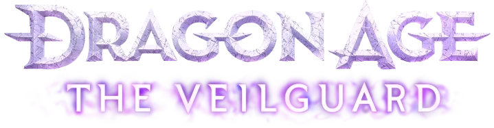 Logotipo del videojuego 'Dragon Age: The Vailguard' en letras estilizadas en tonos morados y púrpuras.