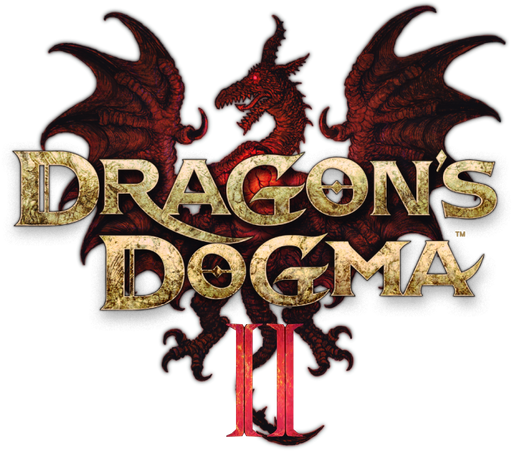 Logo del videojuego 'Dragon's Dogma 2' con dragón rojo y nombre en letras doradas y rojas.
