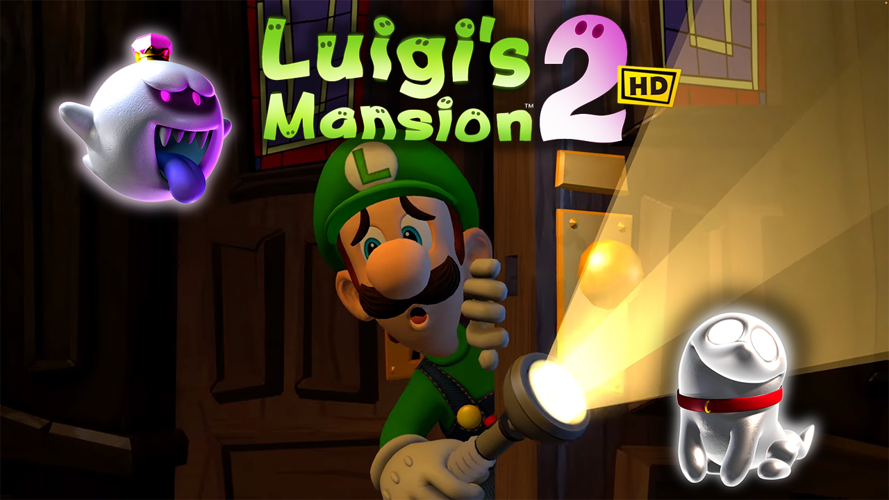 Imagen del videojuego Luigi's Mansion 2 HD con Luigi sosteniendo una linterna y un fantasma con ojos cerrados, junto a un Boo con lengua sacada en un entorno oscuro