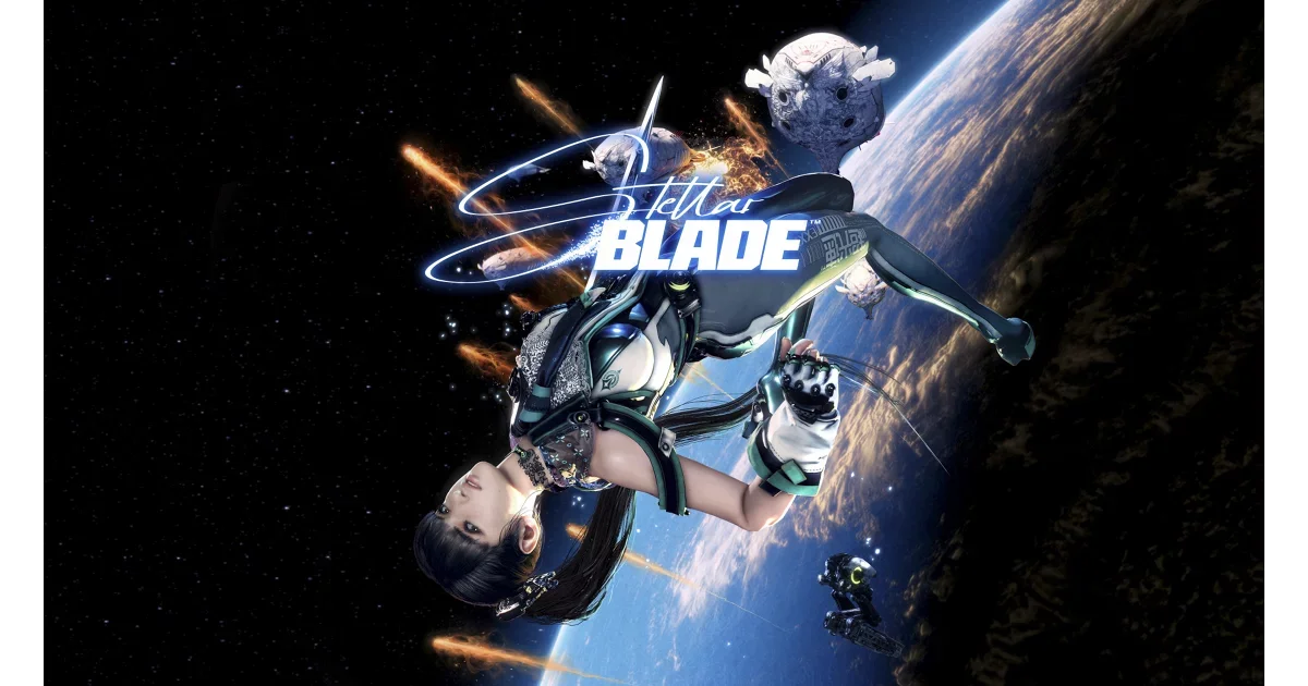 Personaje en un traje futurista en el espacio, con una escena de batalla y un planeta de fondo, con texto que dice 'Letta Blade'.