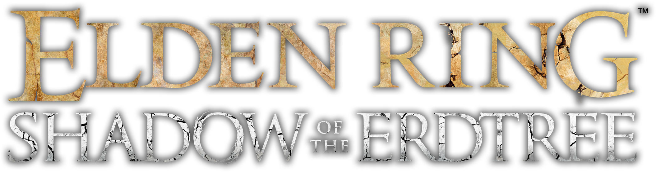Logotipo del videojuego 'Elden Ring: Shadow of the Erdtree' con letras desgastadas y efectos de grietas.
