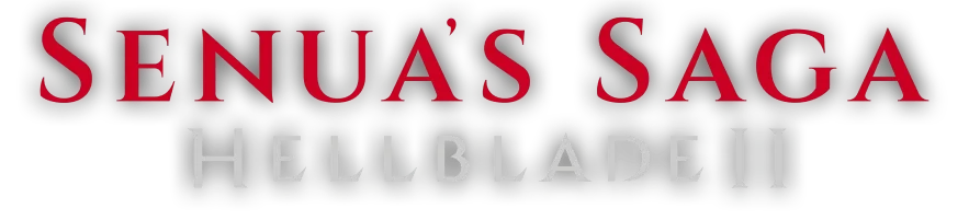 Logotipo del título del videojuego 'Senua's Saga: Hellblade II' en letras rojas y blancas sobre fondo negro.