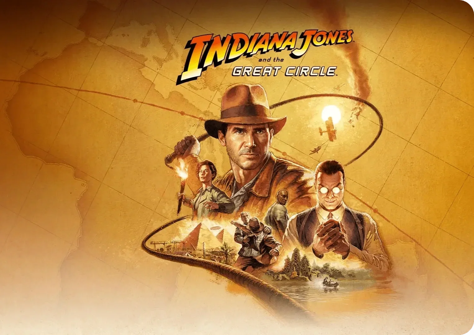 Cartel de la película 'Indiana Jones y el círculo de oro' con Indiana Jones, una mujer con una linterna, un hombre con gafas y un símbolo de explosión en el fondo, y un paisaje de río y templos en la parte inferior.