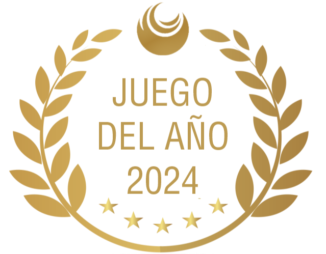 Logotipo dorado con ramas de laurel, estrellas y una luna crescente, que dice 'Juego del Año 2024'.
