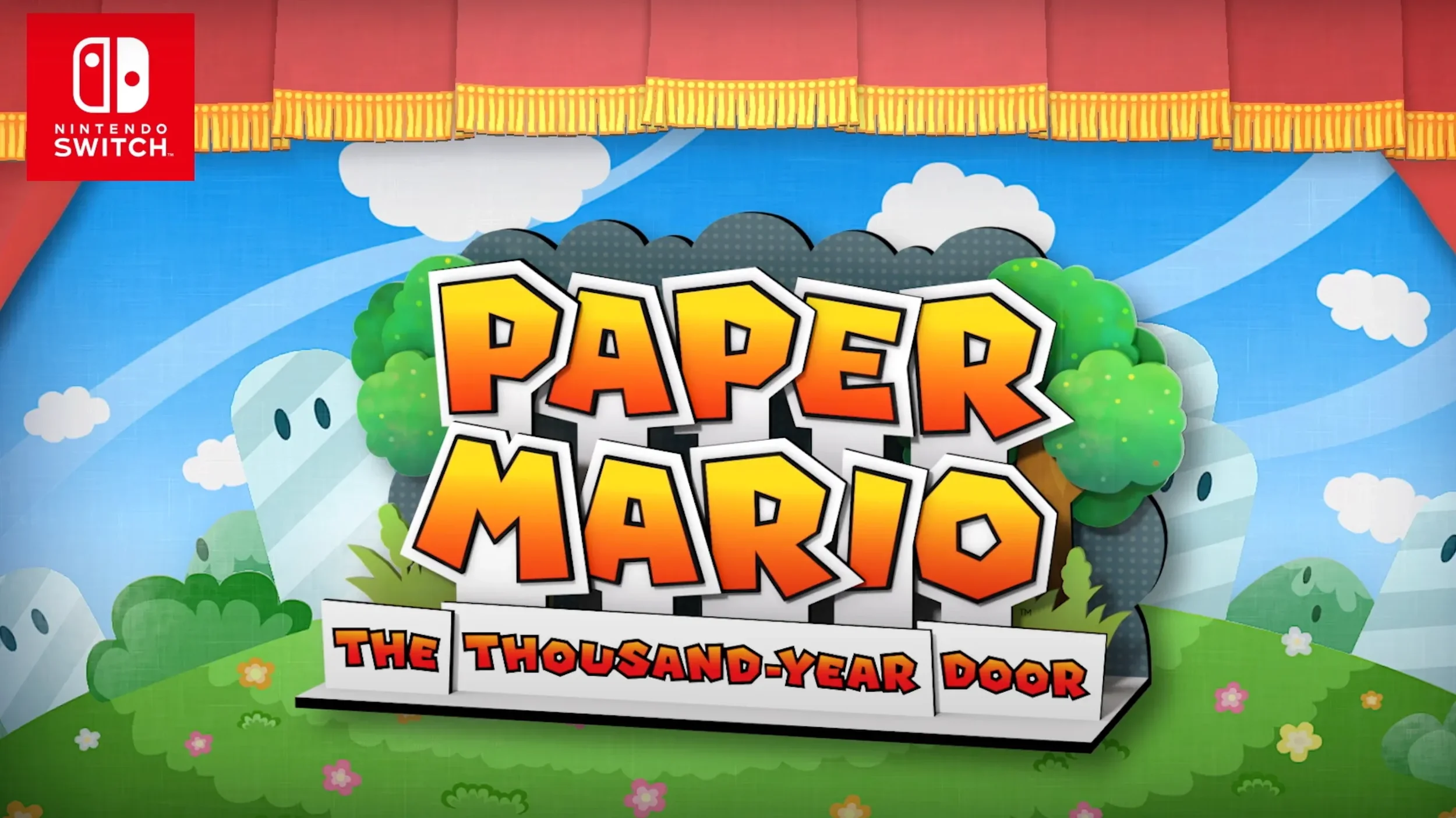 Pantalla de inicio del videojuego 'Paper Mario: The Thousand-Year Door' para Nintendo Switch con fondo de paisaje de montañas y nubes, y el logo del juego en el centro.