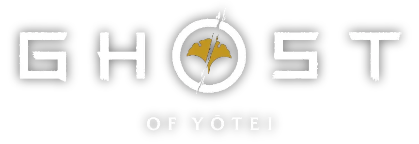 Logo del videojuego 'Ghost of Yôtèi' con letras blancas, un símbolo de reloj y una hoja en el centro.