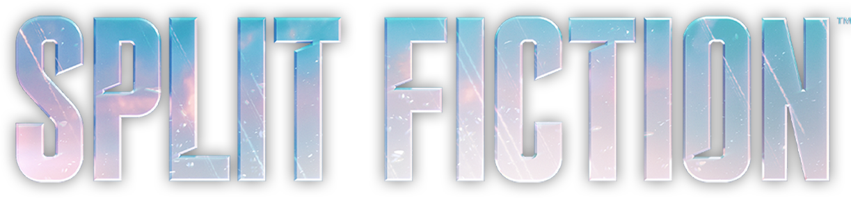 Logo del videojuego 'Split Faction' con letras grandes, estilo futurista, en tonos azules y lilas con efectos de luz y estrellas de fondo.