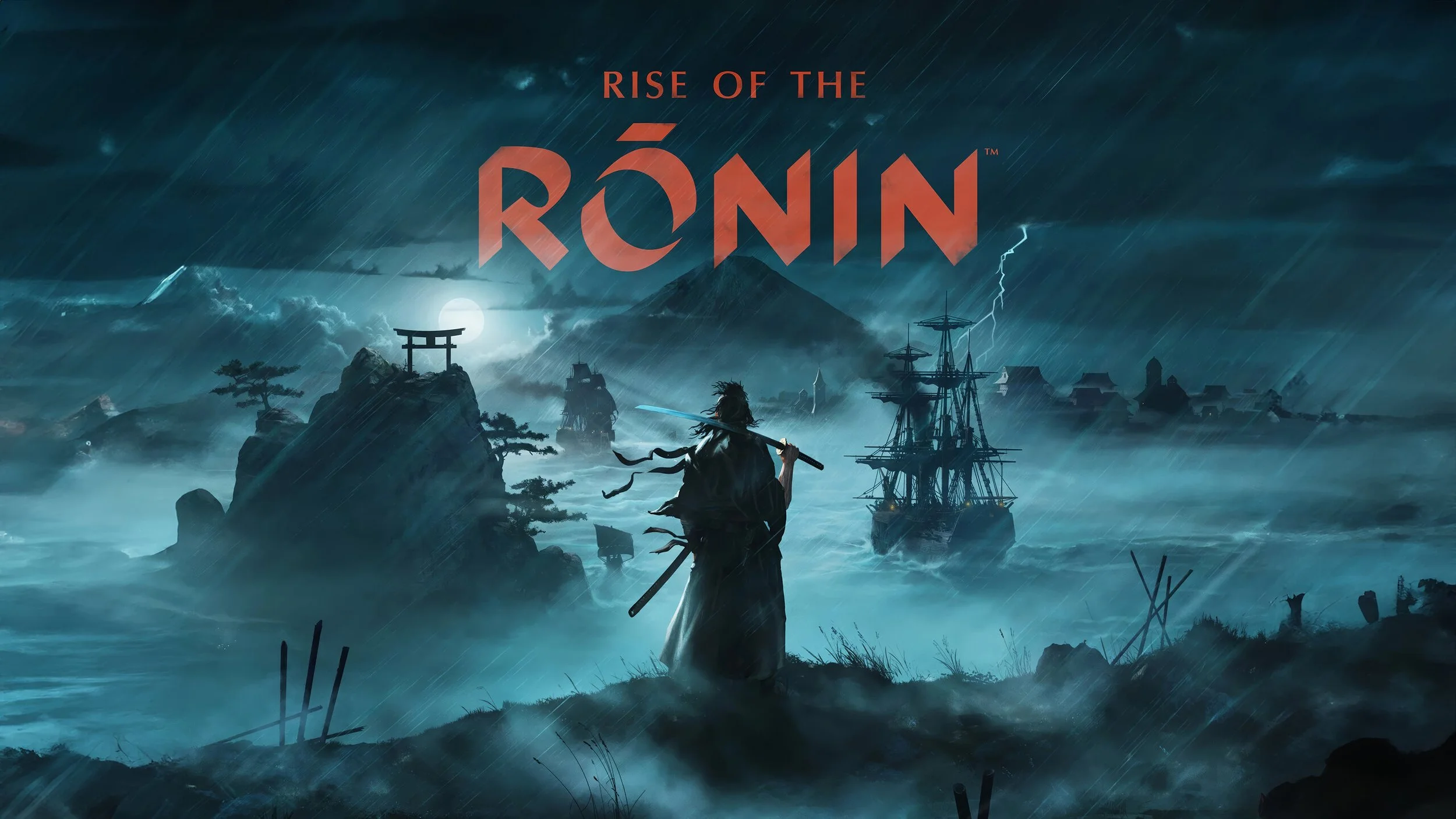 Portada de videojuego con un guerrero en un paisaje lluvioso con barcos y montañas, y el texto 'Rise of the Ronin' en la parte superior.