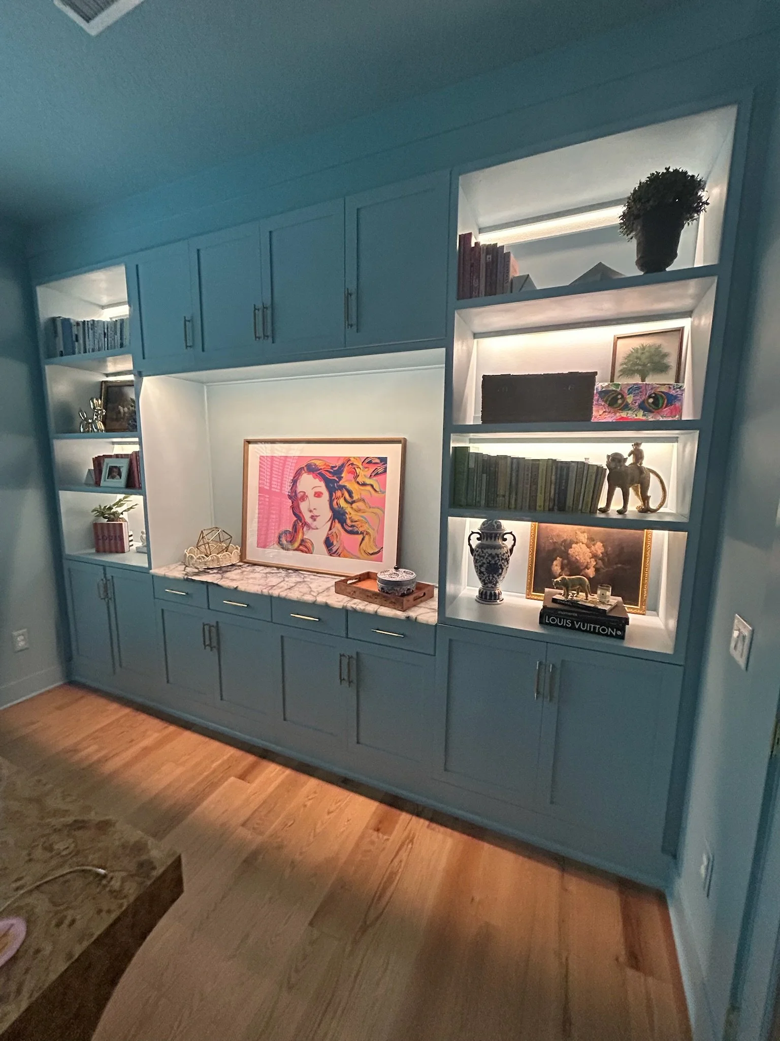 Built-in office shelves, cabinets, and drawers