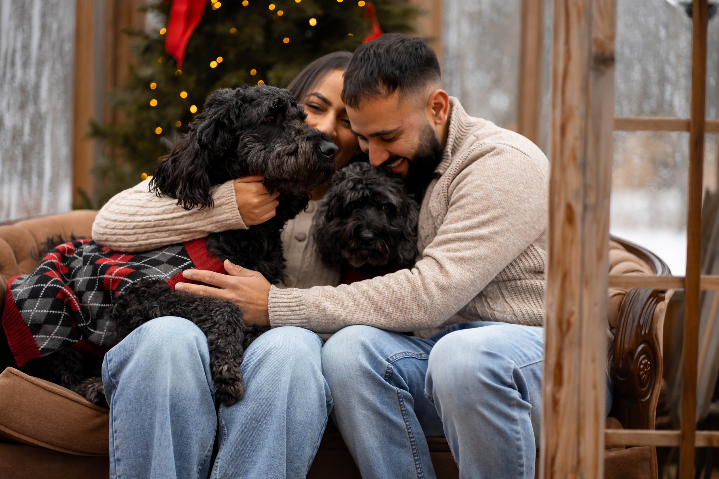 A happy couple sitting on a sofa with two black dogs, hugging them, in a cozy room decorated for Christmas.